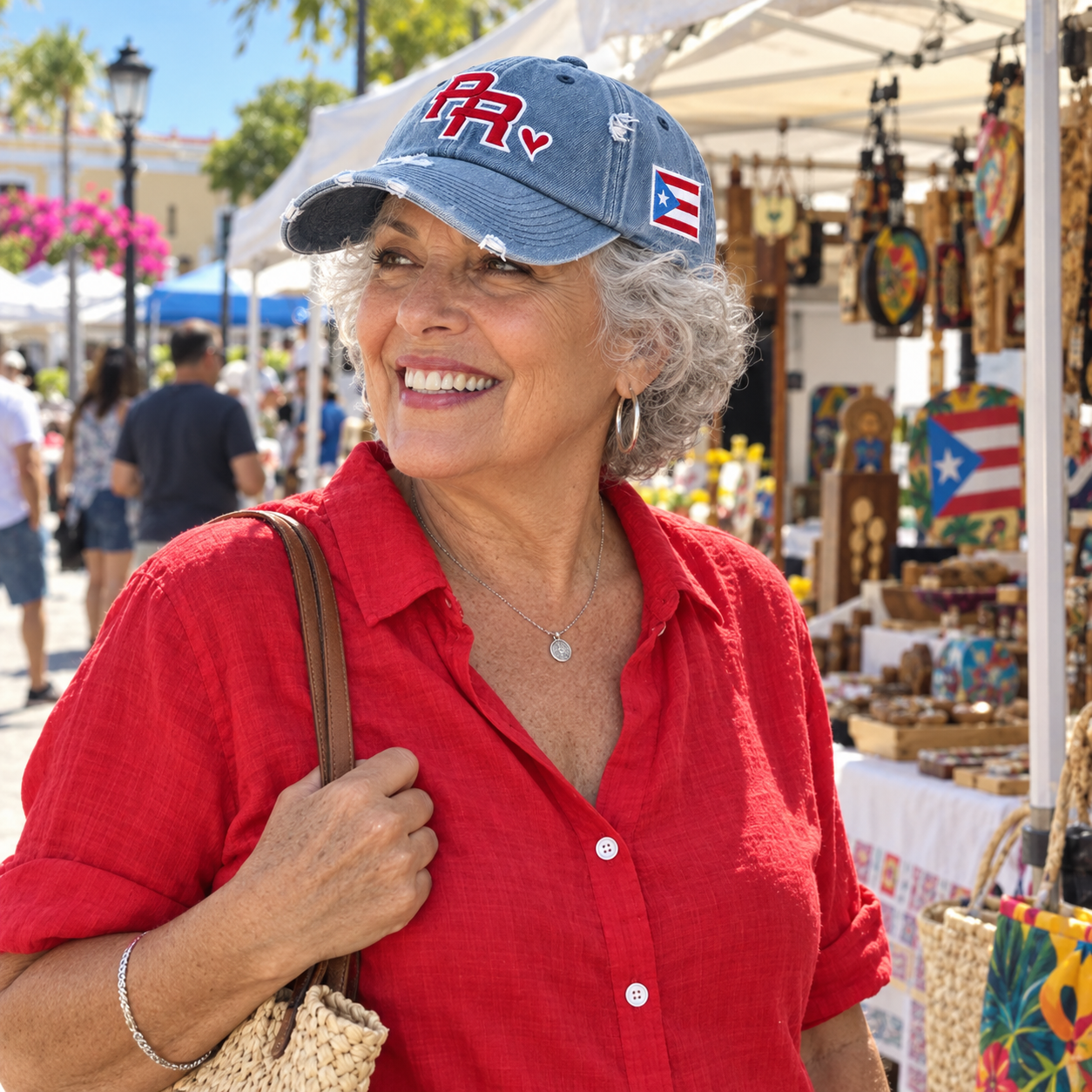 Older customer wearing the Blue Denim Puerto Rico PR distressed cap at a street market