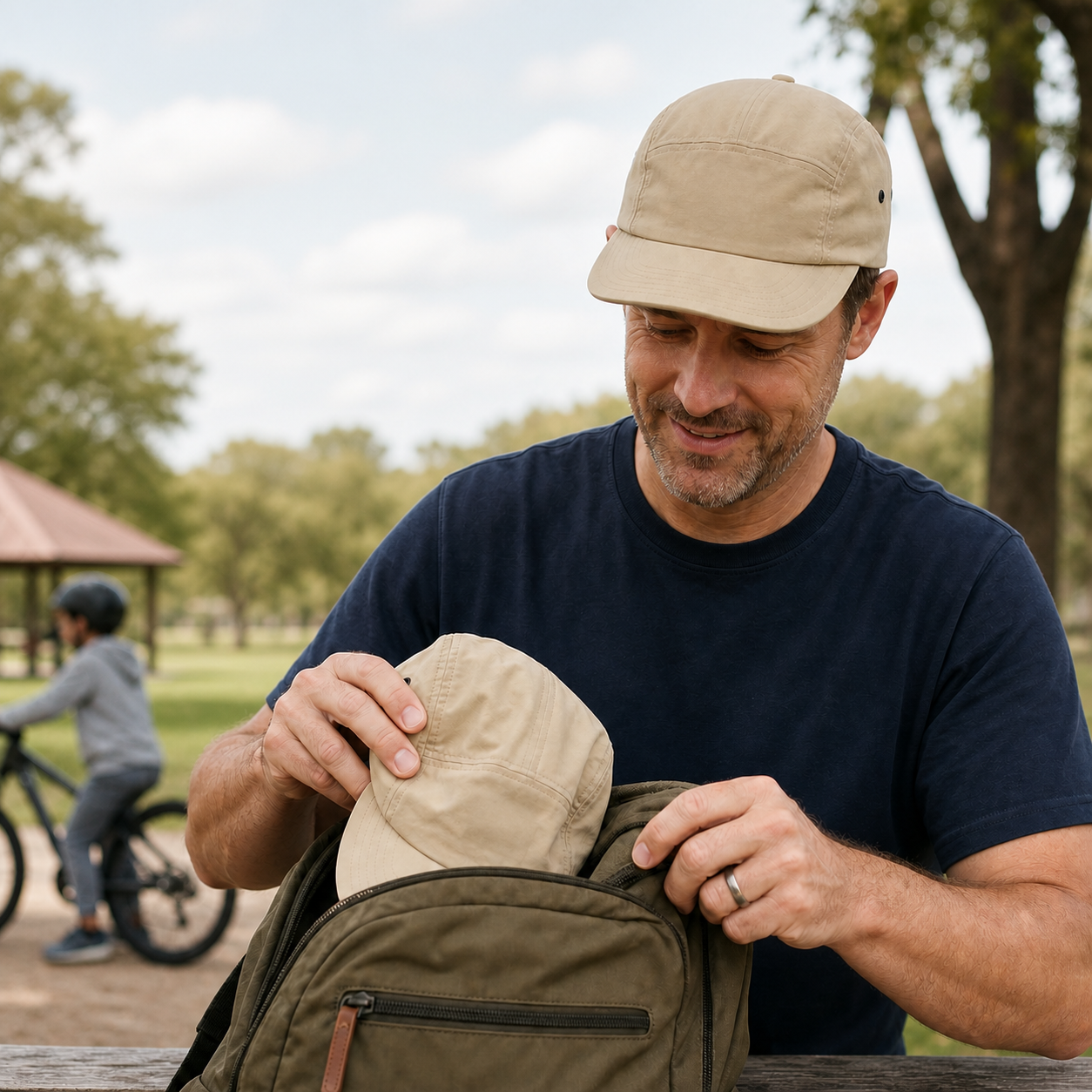 Man packing the flexible five-panel cap into a day bag