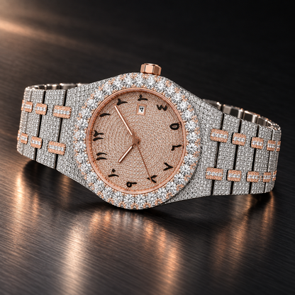 Iced Out Watch in a dark brushed-metal studio setting