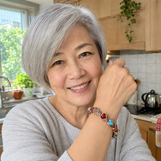 East Asian woman wearing the Aura bracelet in her kitchen