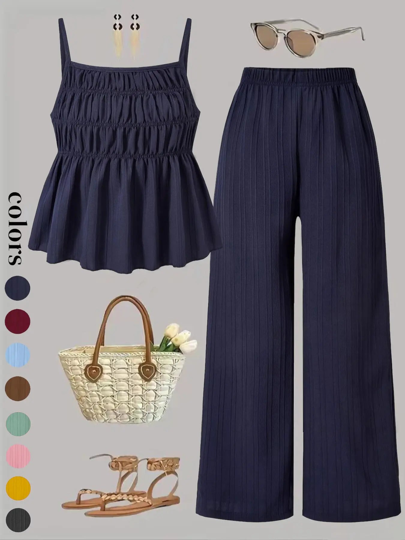 Two-Piece Set Women'S Solid Color Cami Top & Wide Leg Pants Set, Street Fashion Casual Outfits for Daily Outdoor Wear, Ladies Clothes for All Seasons