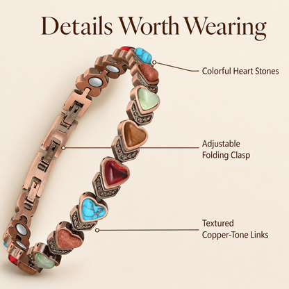 Aura bracelet heart stones, folding clasp, and copper-tone link details