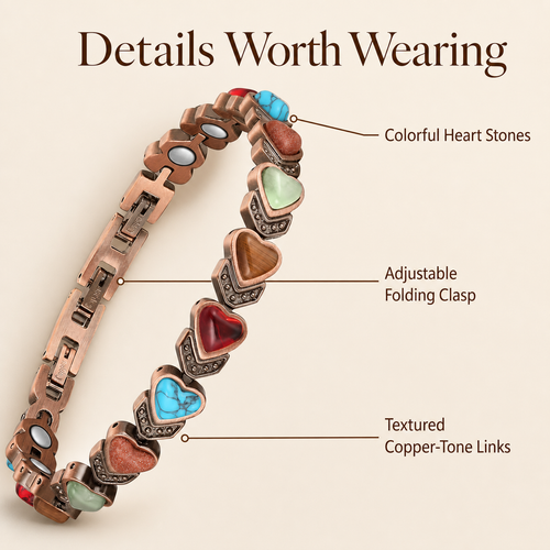 Aura bracelet heart stones, folding clasp, and copper-tone link details