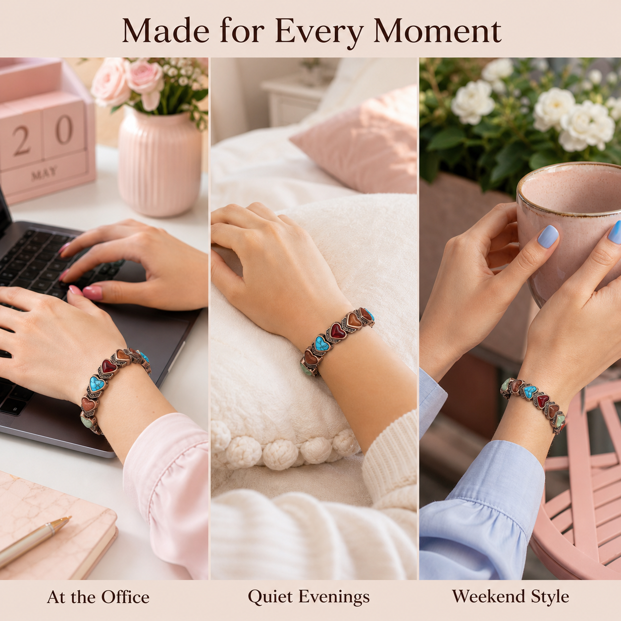 Aura bracelet styled at a workspace, a quiet evening, and outdoors