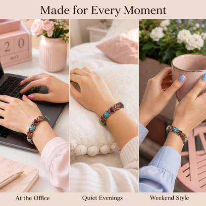 Aura bracelet styled at a workspace, a quiet evening, and outdoors