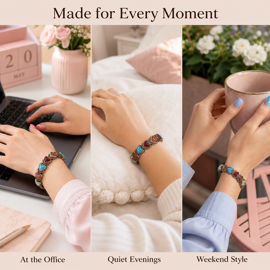 Aura bracelet styled at a workspace, a quiet evening, and outdoors