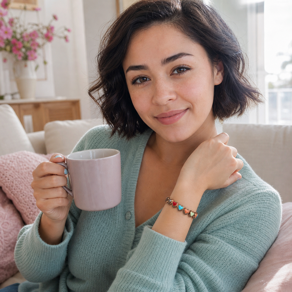 Latina woman wearing the Aura bracelet with a mint cardigan and coffee