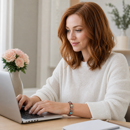 Caucasian woman wearing the Aura bracelet at a bright workspace