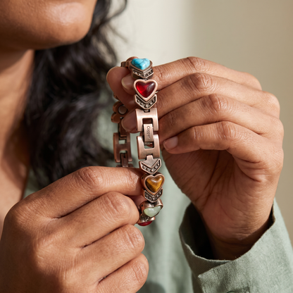 South Asian woman demonstrating the Aura bracelet folding clasp