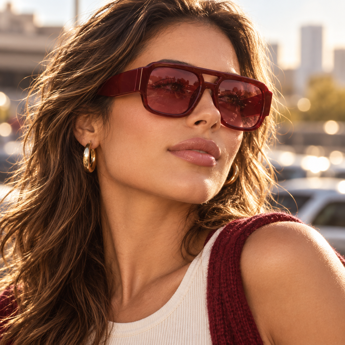 Woman wearing Cevani Chunky Aviator Sunglasses in Wine, showing the bold full-rim silhouette