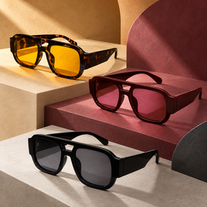 Cevani Chunky Aviator Sunglasses in Tortoise, Wine, and Black arranged together