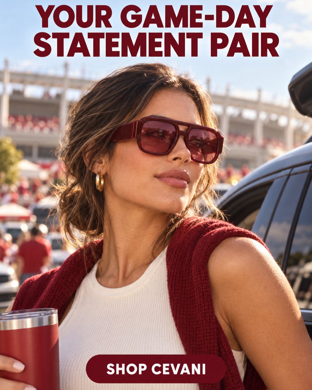 Woman wearing Wine Cevani Chunky Aviator Sunglasses in a game-day look