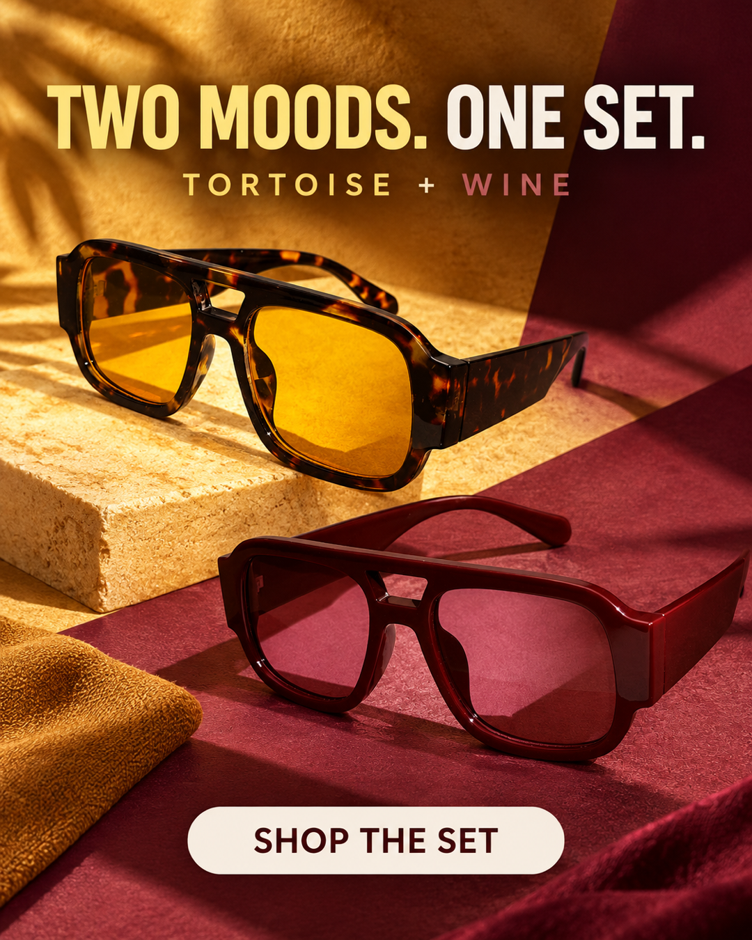 Tortoise and Wine Cevani Chunky Aviator Sunglasses two-pair set