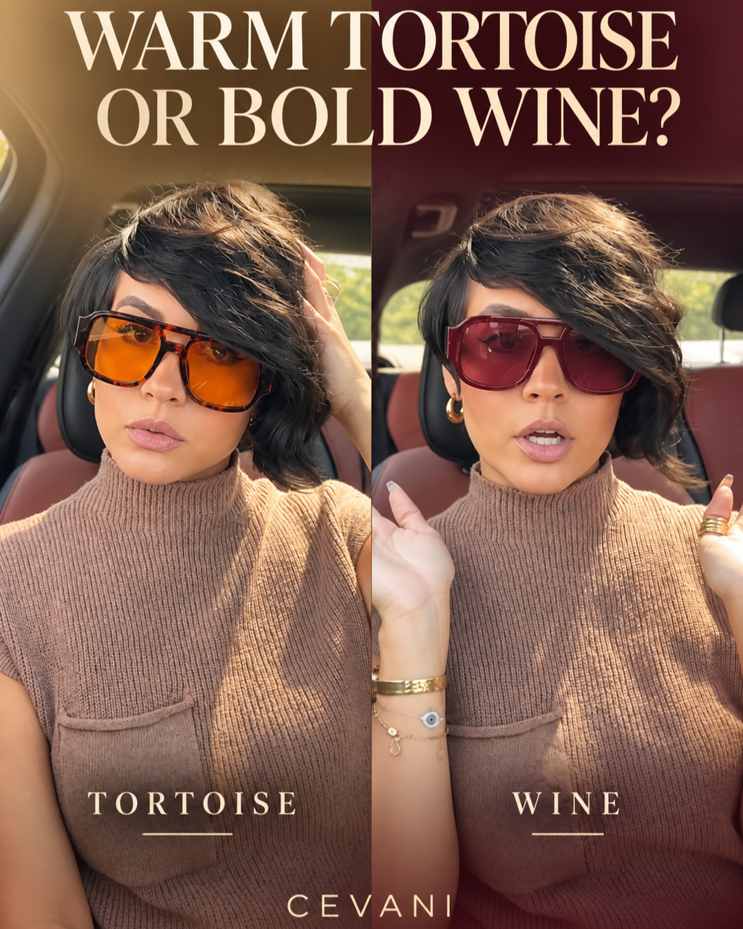Woman from the winning video comparing Tortoise and Wine Cevani Chunky Aviator Sunglasses