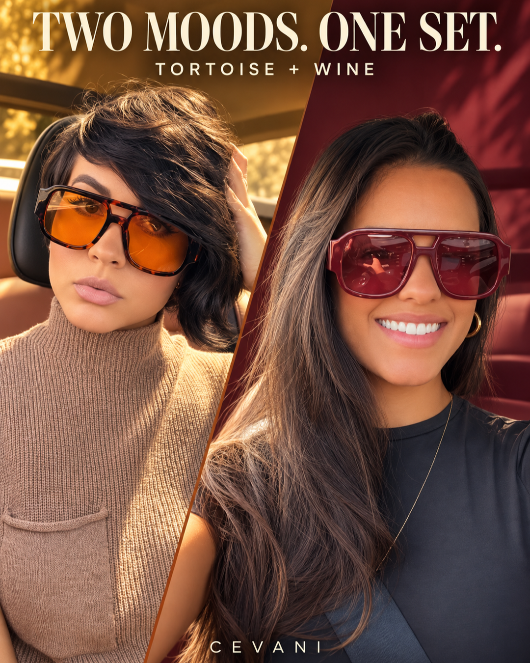 Women from the winning videos wearing the Tortoise and Wine Cevani two-pair set
