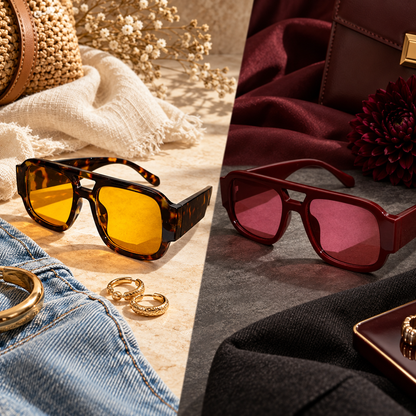 Tortoise and Wine Cevani Chunky Aviator Sunglasses styled as two distinct outfit moods
