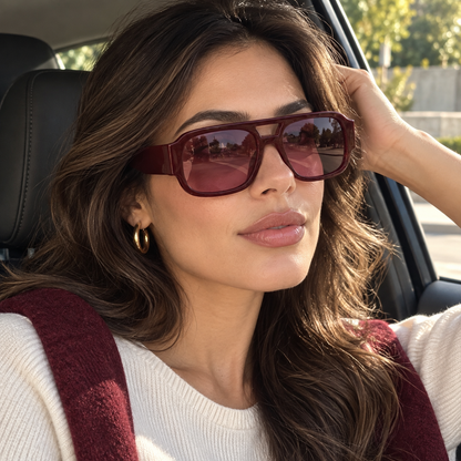 Woman wearing Cevani Chunky Aviator Sunglasses in Wine in a close car-side styling view