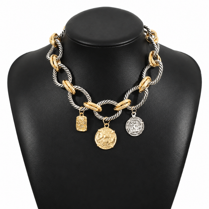 Gold & Silver-tone necklace, three coin-style charms