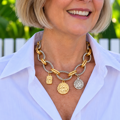 Mixed-tone necklace neckline detail worn with a white shirt