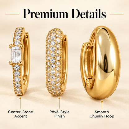 Premium details guide showing the three distinct Gold Tone earring styles