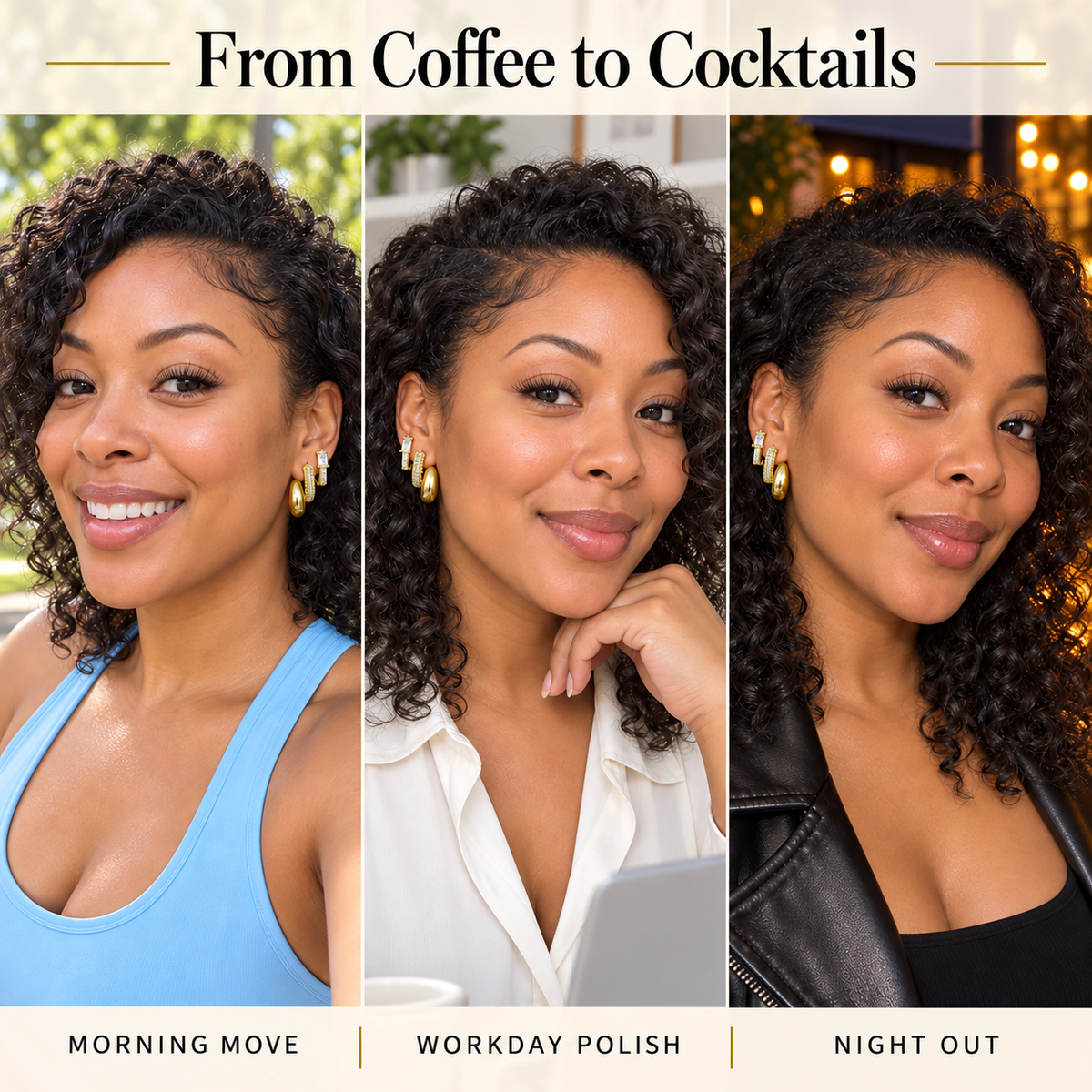From Coffee to Cocktails styling guide with the Gold Tone earring stack