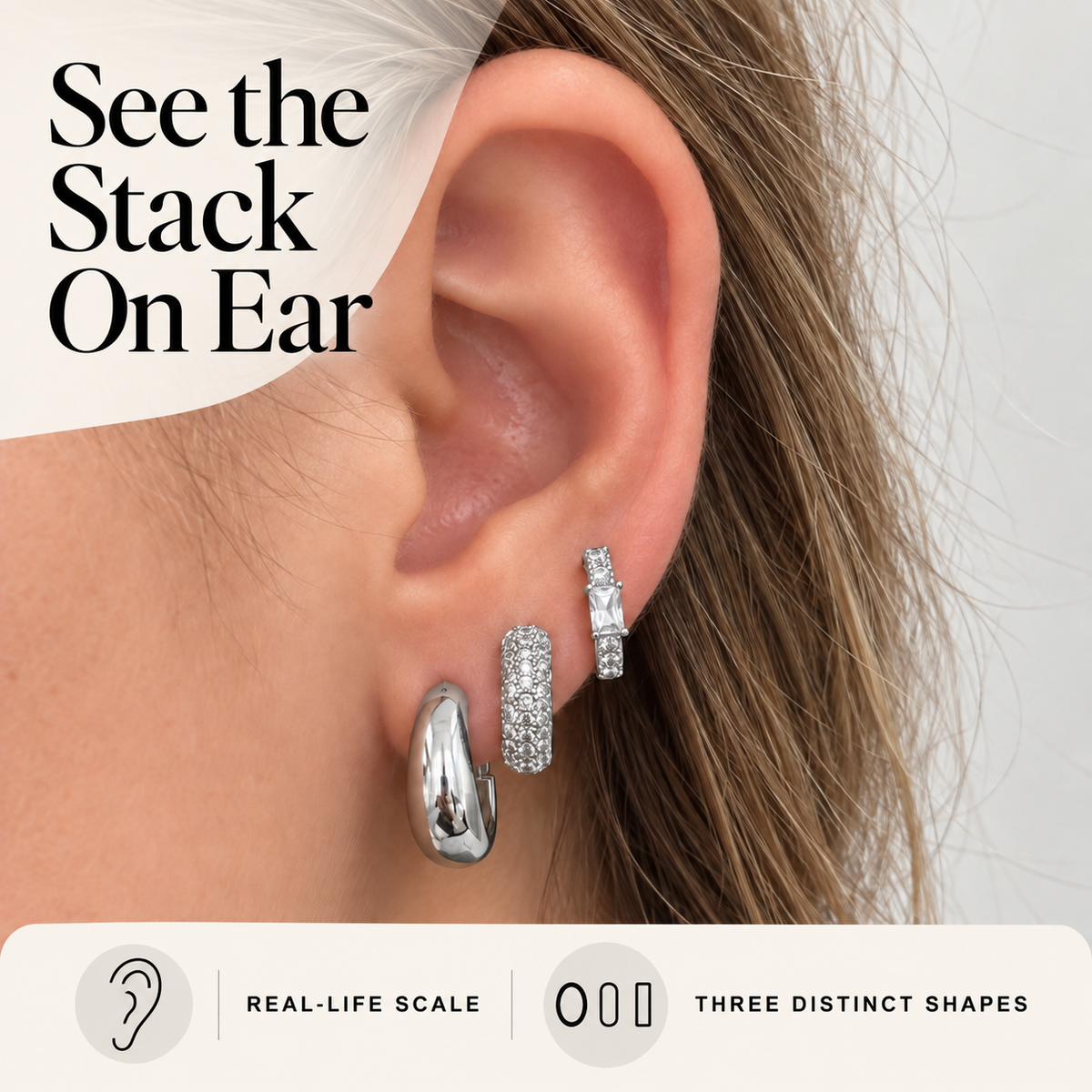 On-ear scale guide showing the Silver Tone three-piece earring stack