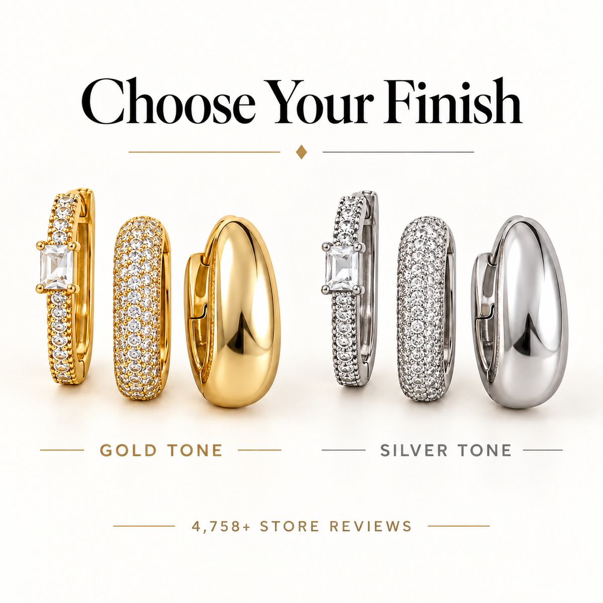 Choose Your Finish guide showing Gold Tone and Silver Tone earring sets
