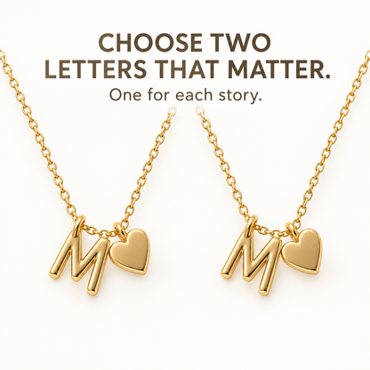 Two heart and initial necklaces shown together