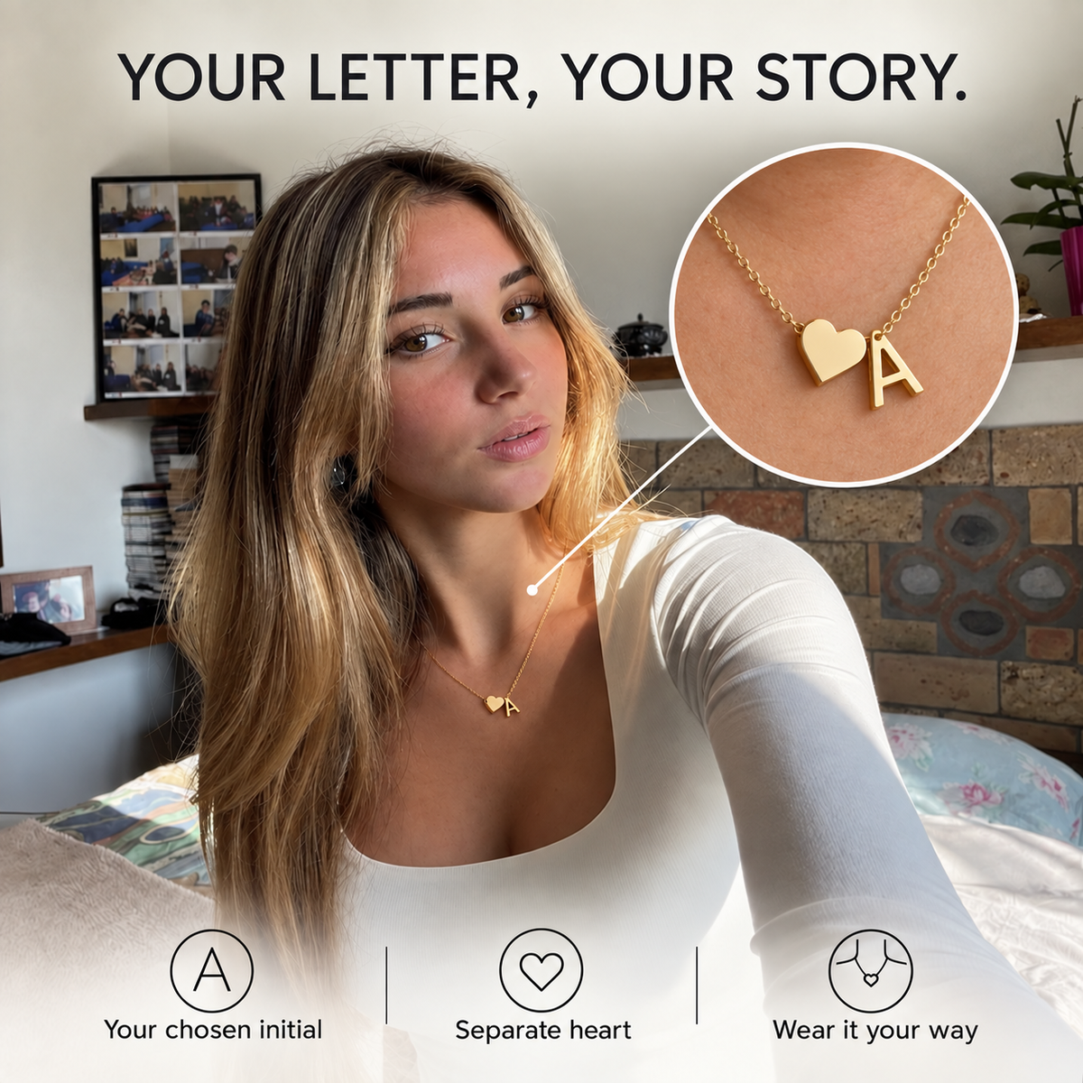 Woman in a white top wearing an A-initial and heart necklace with a close-up detail