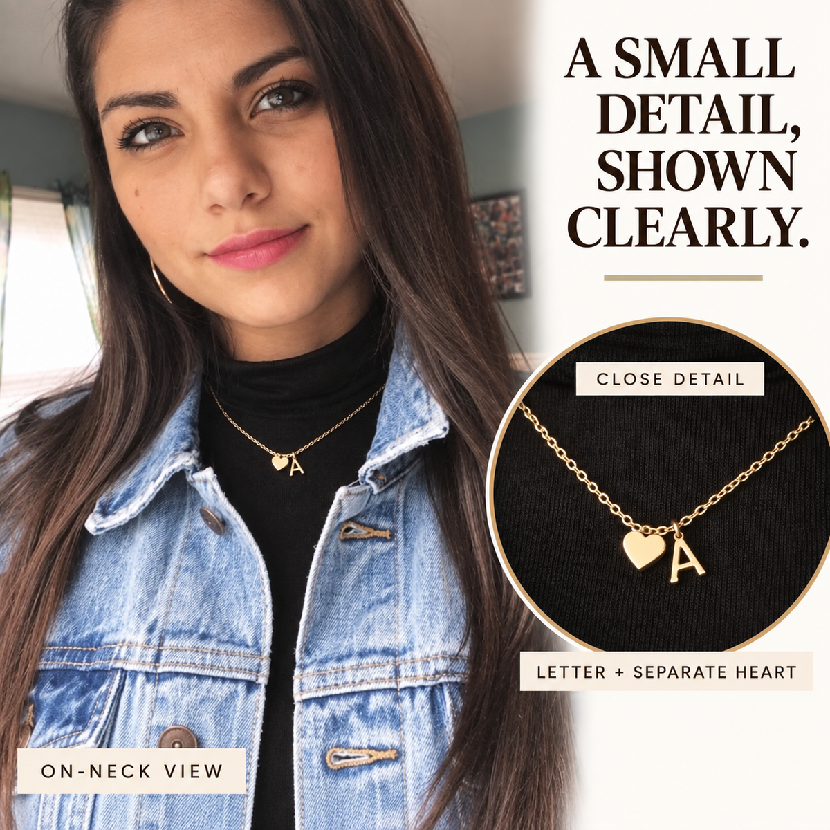 Necklace styled with a black top and shown in close-up