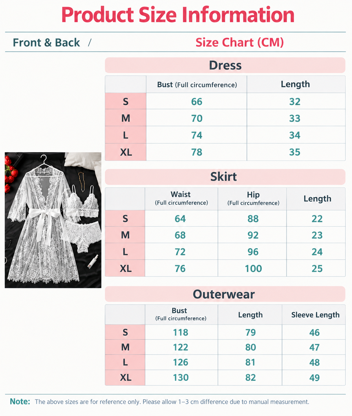 Size reference in centimetres for sizes S through XL; allow 1 to 3 centimetres variation