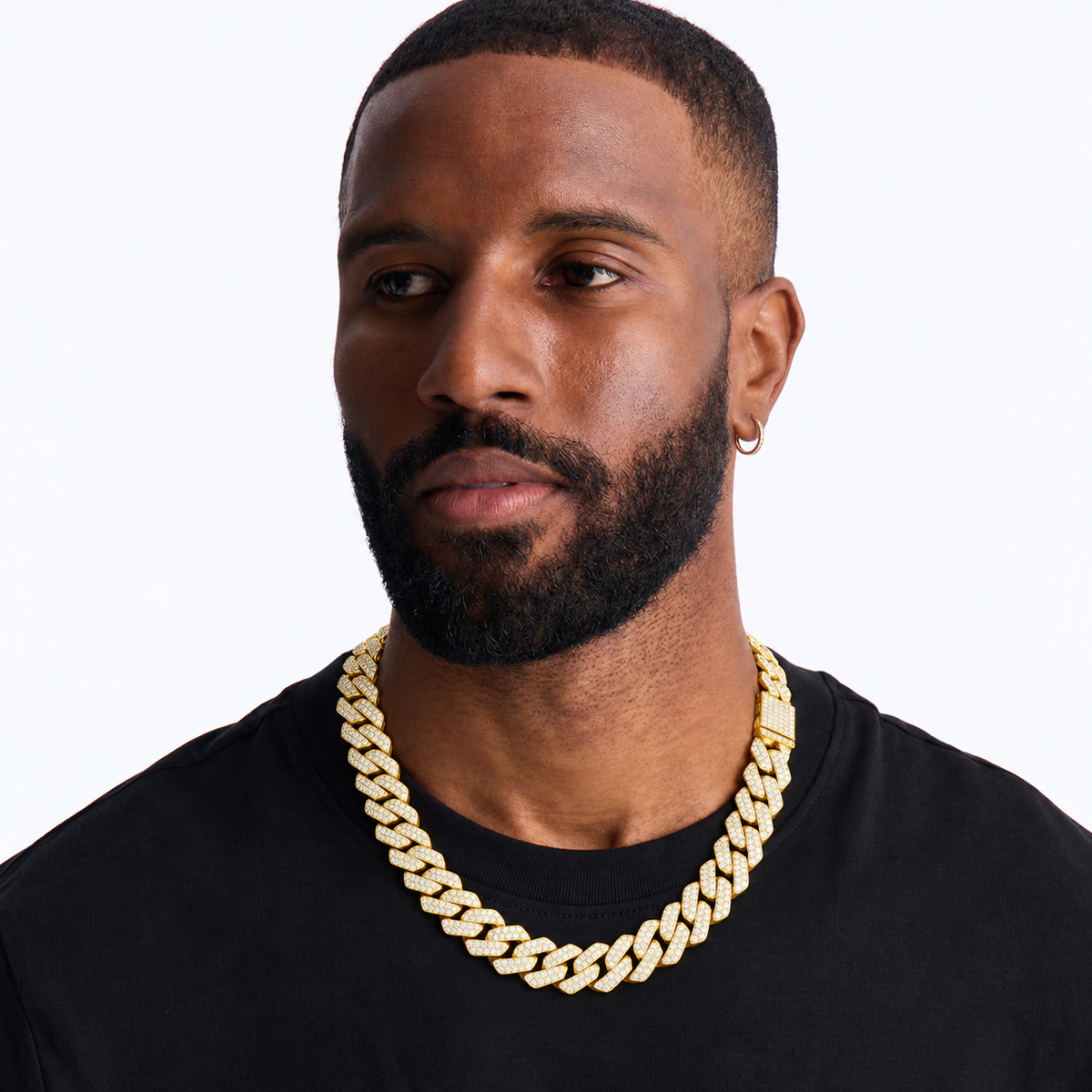 Styling visualization: gold-tone Cuban link chain on black shirt