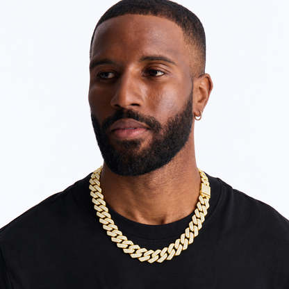 Styling visualization: gold-tone Cuban link chain on black shirt