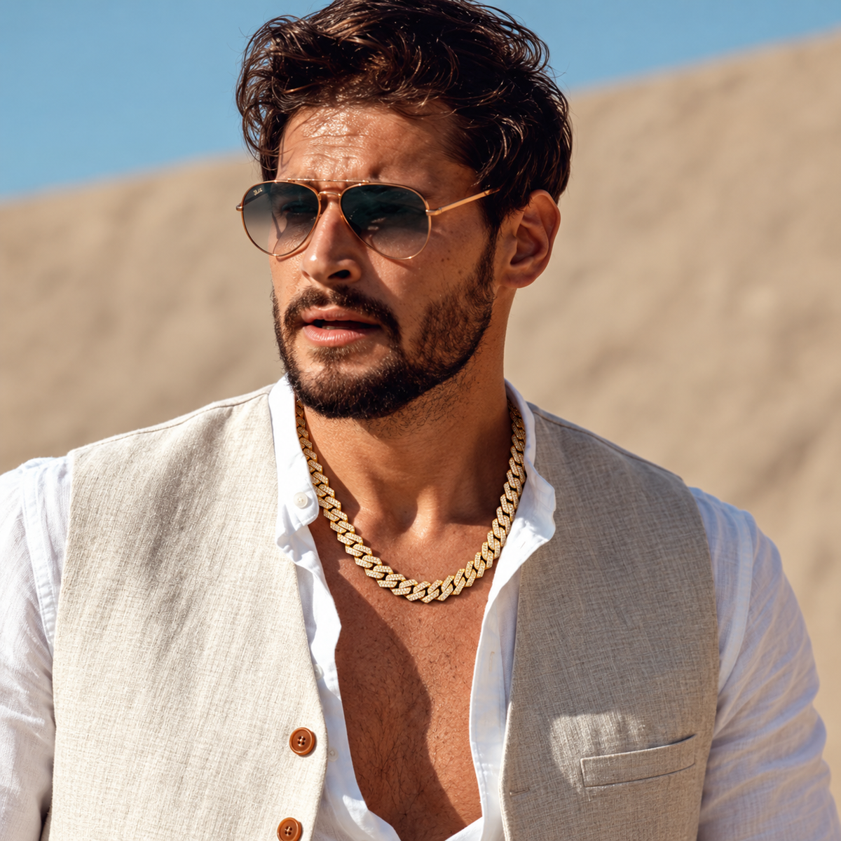 Styling visualization: gold-tone Cuban link chain with linen outfit