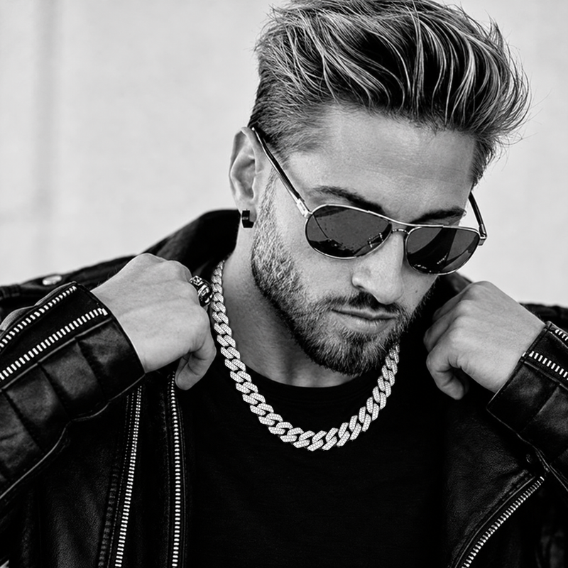 Styling visualization: silver-tone Cuban link chain with black leather jacket