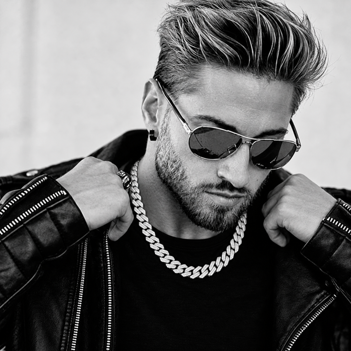 Styling visualization: silver-tone Cuban link chain with black leather jacket