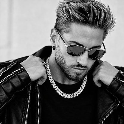 Styling visualization: silver-tone Cuban link chain with black leather jacket