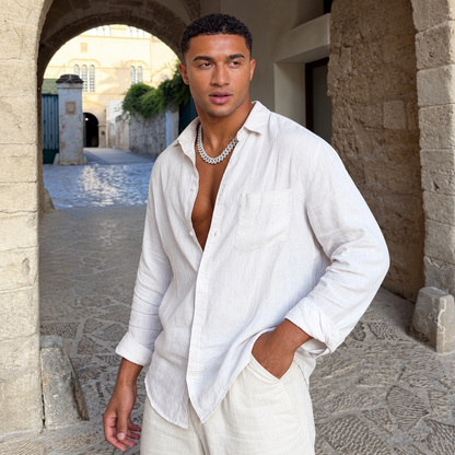 Styling visualization: silver-tone Cuban link chain with white linen outfit
