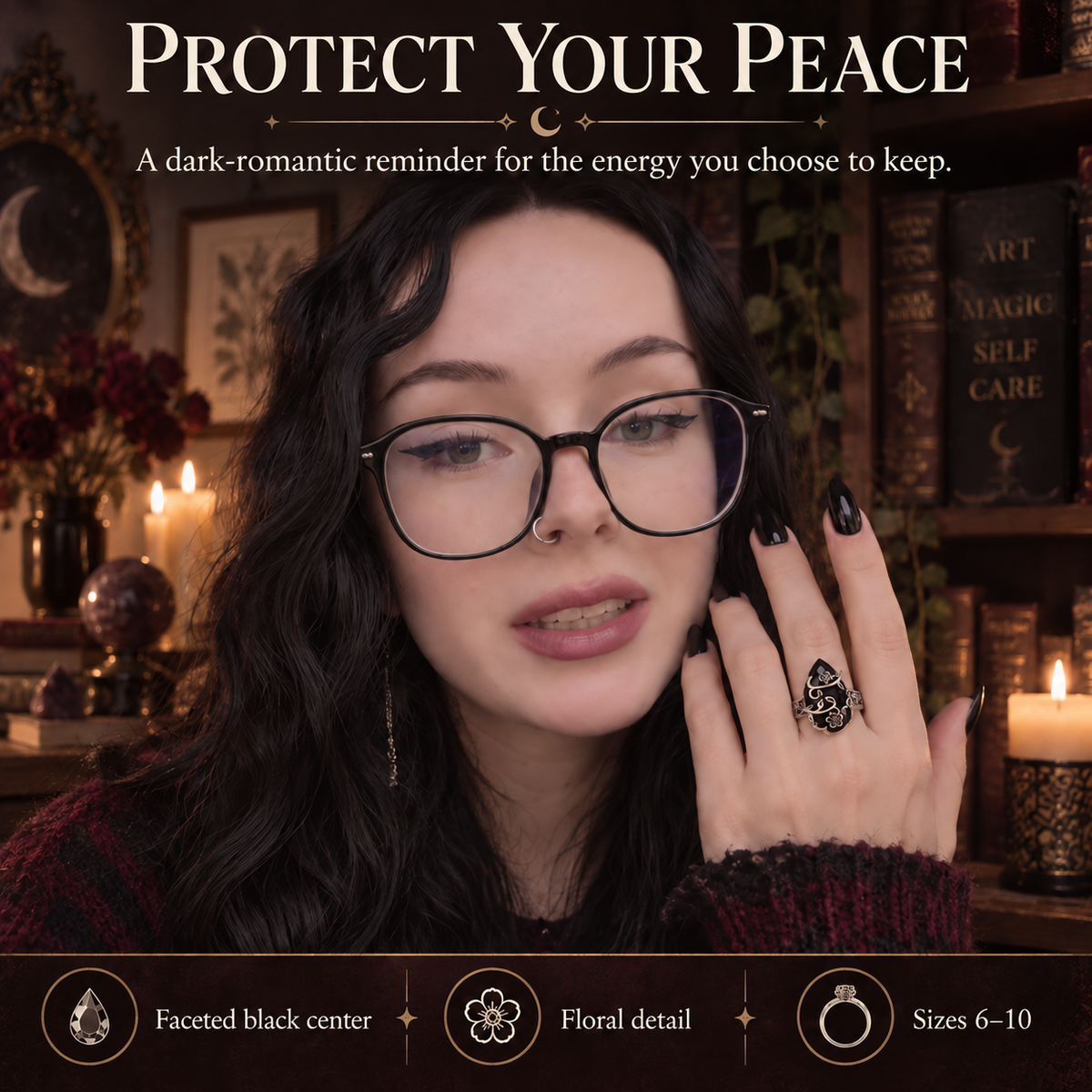Protect Your Peace styling image with a person and the Vintage Black Stone Flower Ring