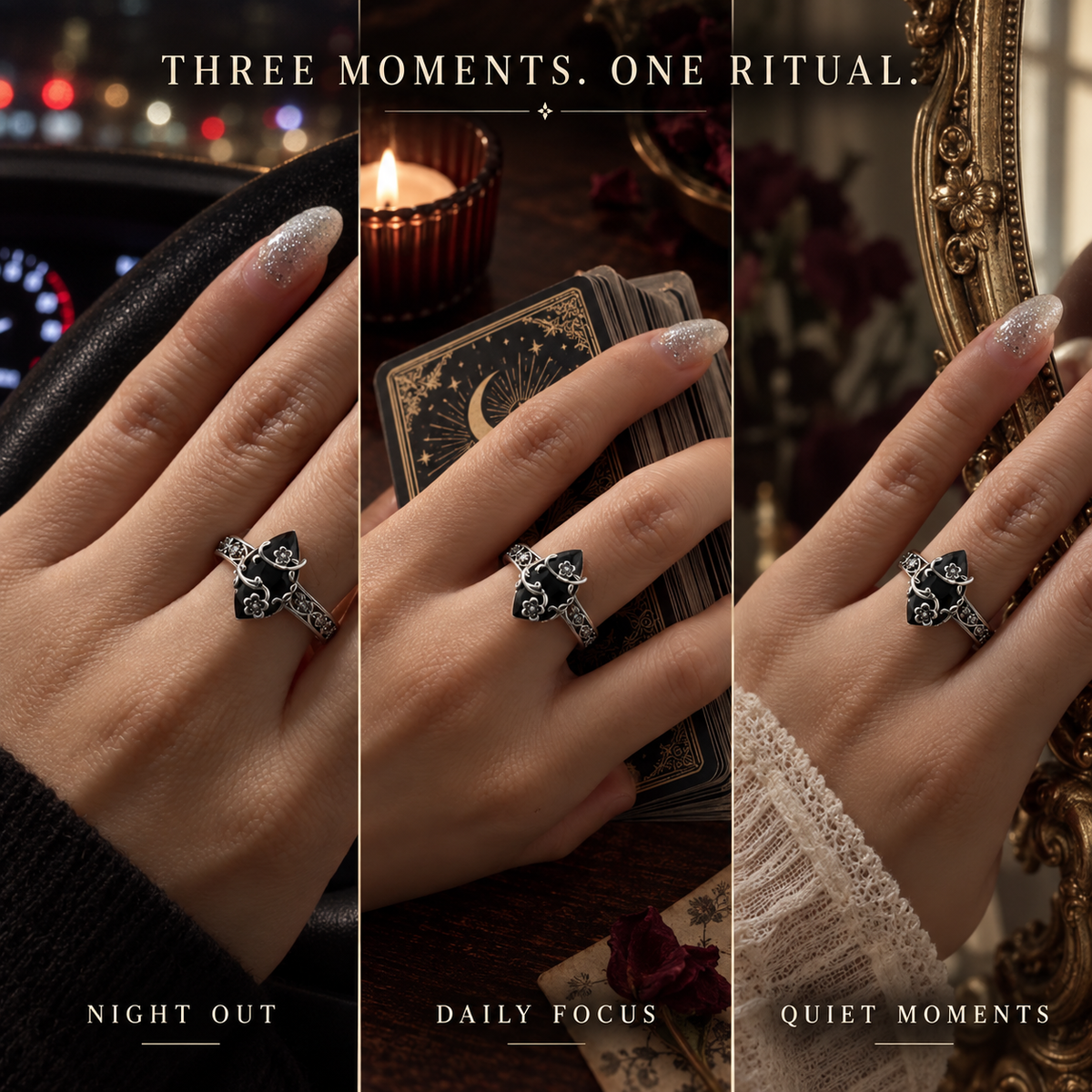 Three Moments One Ritual styling image featuring the Vintage Black Stone Flower Ring