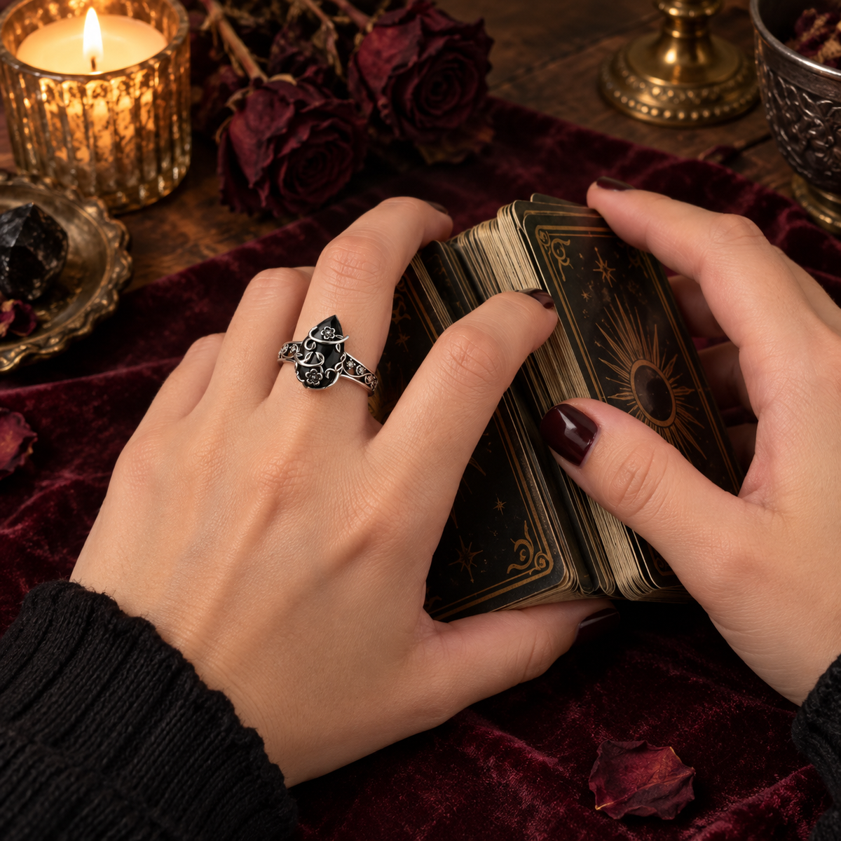 Tarot table hand styling the Vintage Black Stone Flower Ring