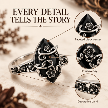 Exact ring detail guide showing the faceted black centerpiece, floral setting, scrollwork and oxidized-look accents