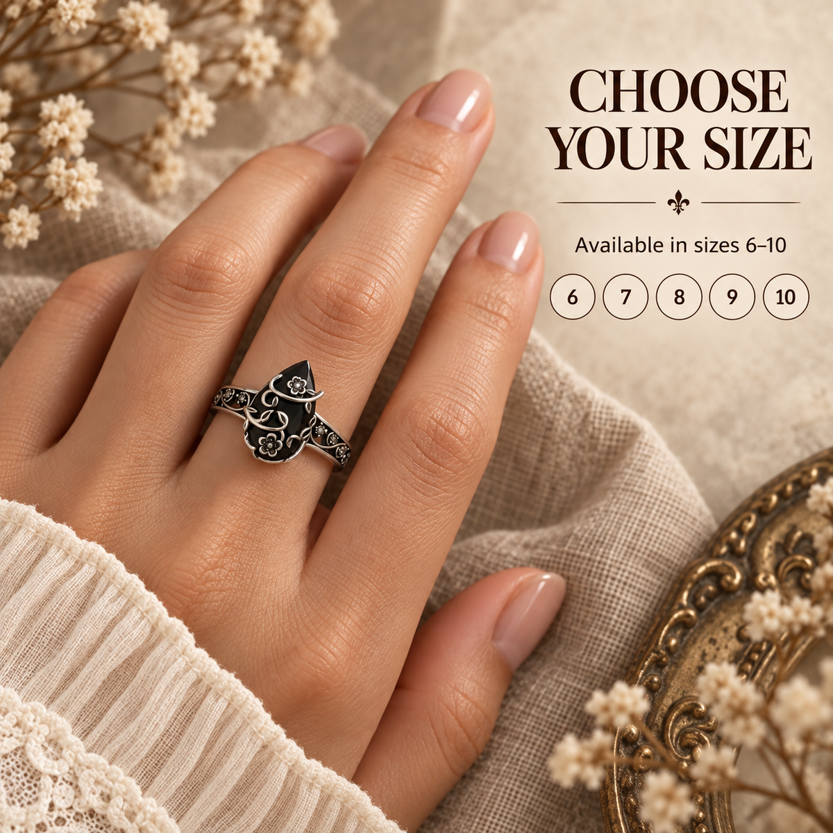 Choose your size guide for the Vintage Black Stone Flower Ring in sizes 6 through 10