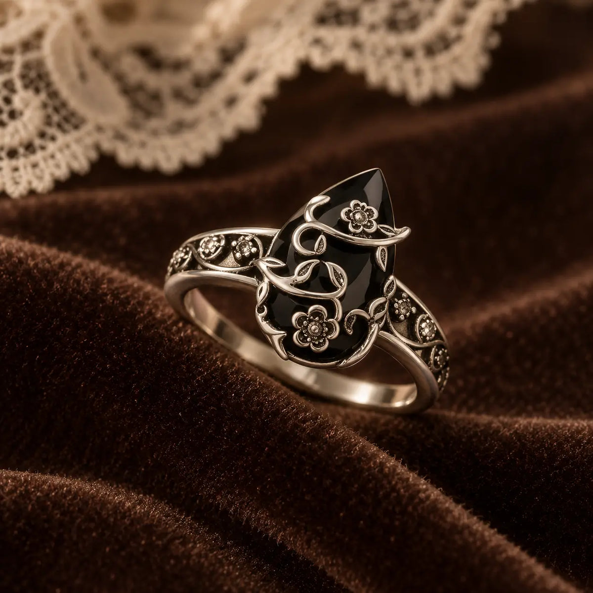 Exact ring displayed on burgundy velvet