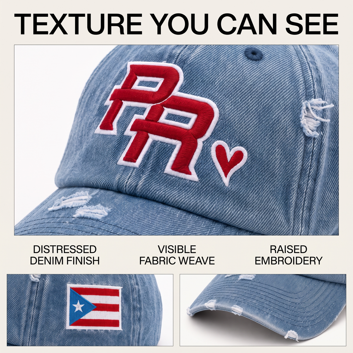 Puerto Rico PR cap denim texture stitching embroidery and distressed brim