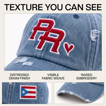 Puerto Rico PR cap denim texture stitching embroidery and distressed brim