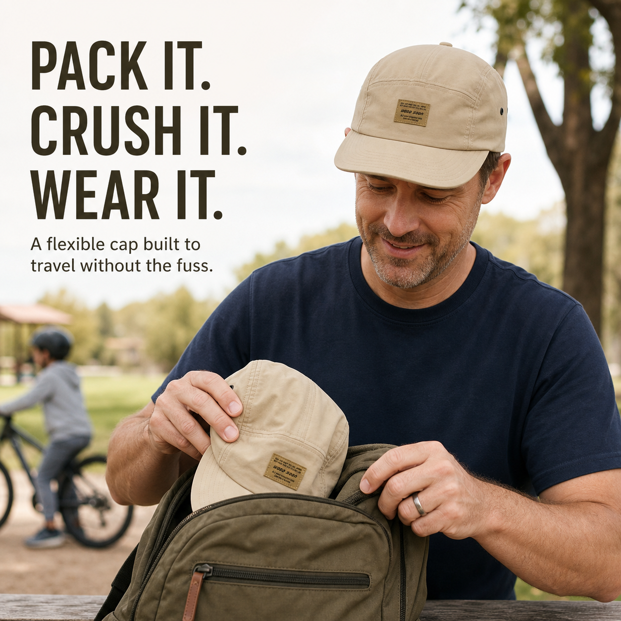 Packable cap placed into a day bag