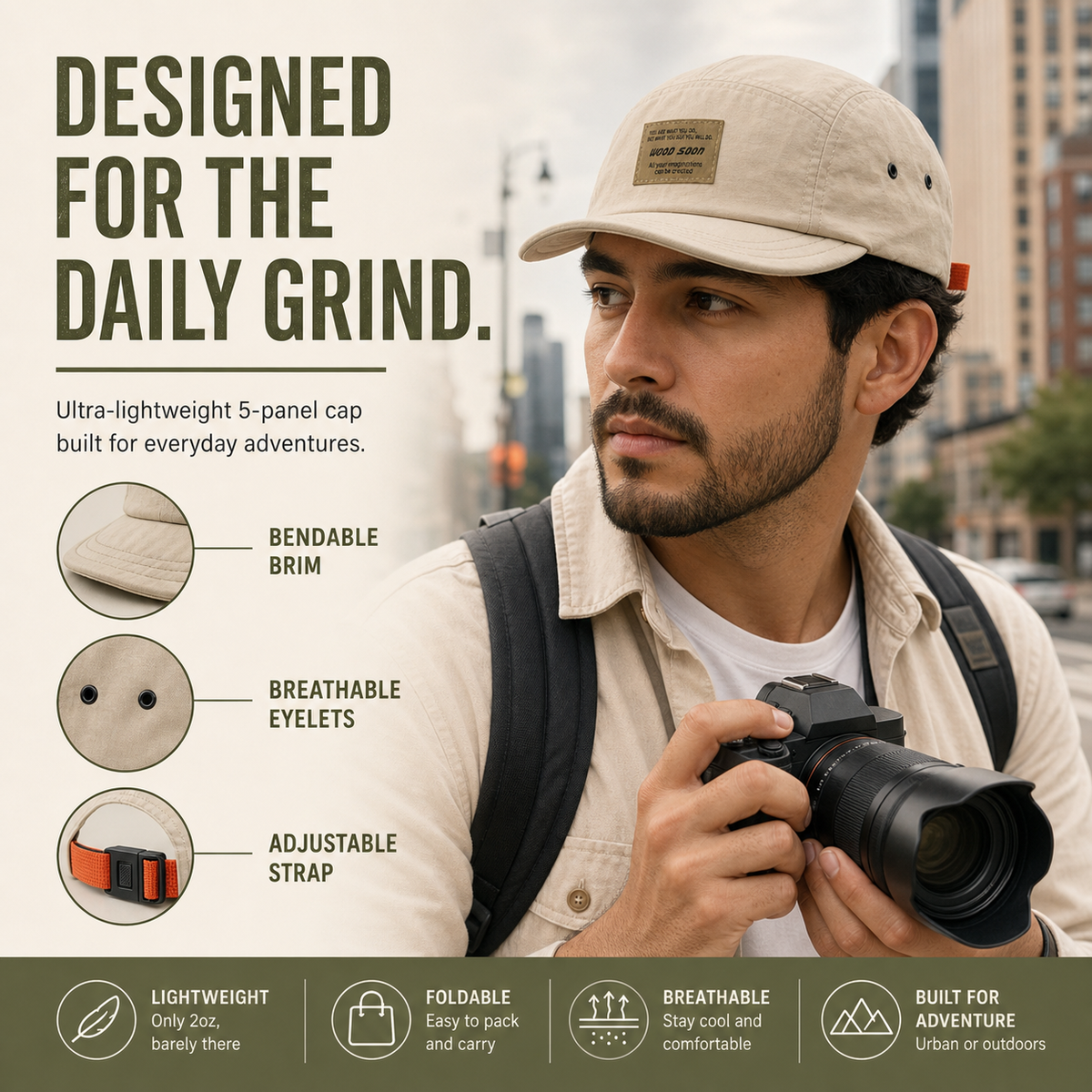 Bendable brim breathable eyelets and adjustable strap details