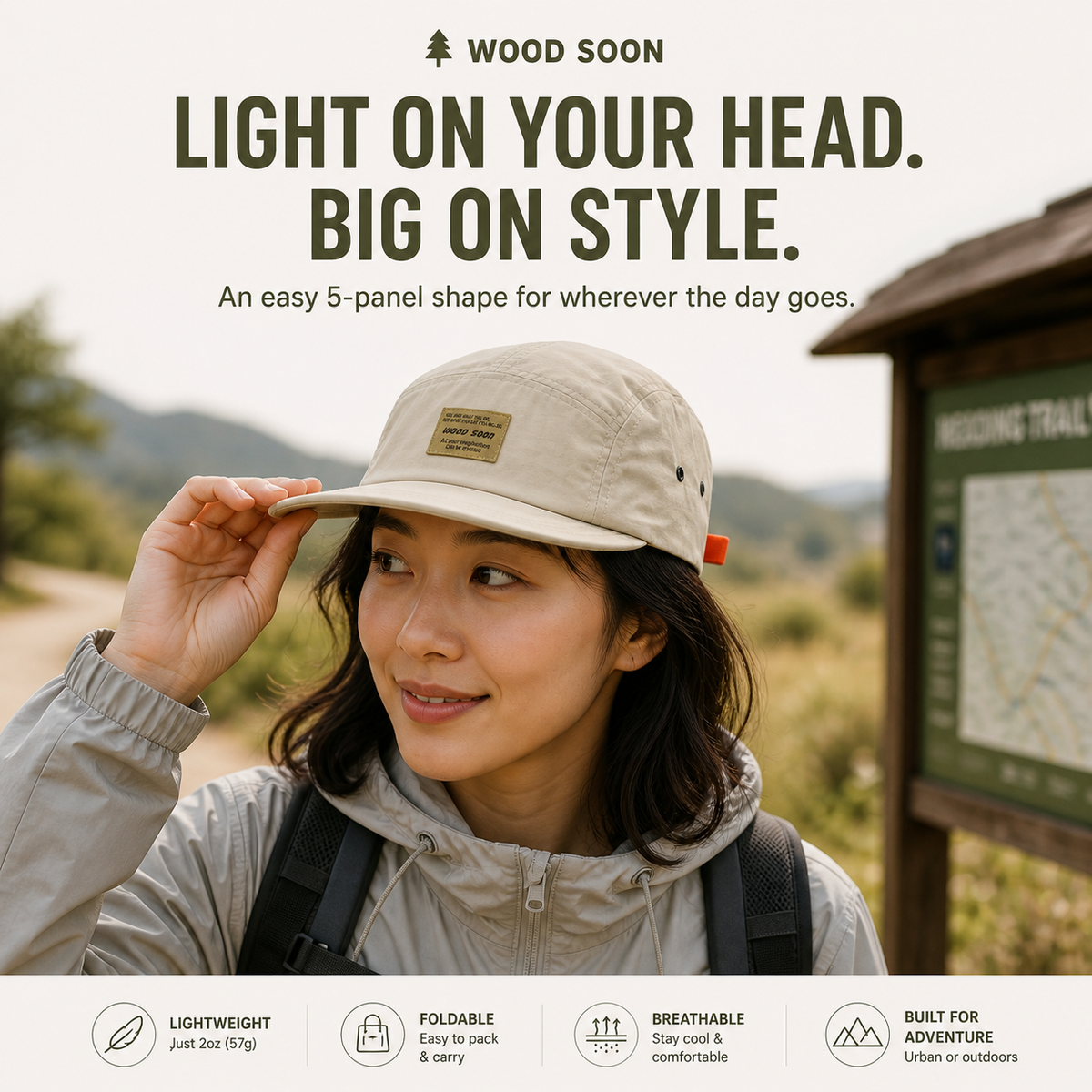 Woman wearing the Lightweight Packable 5-Panel Cap at a trailhead