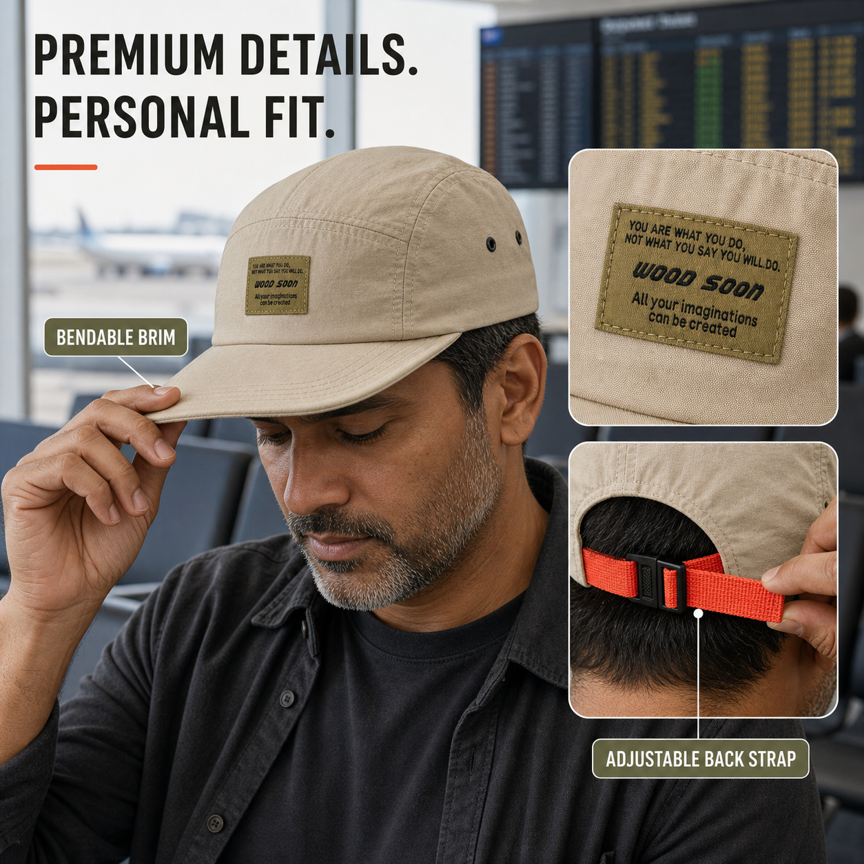 Bendable brim and adjustable back strap close-up